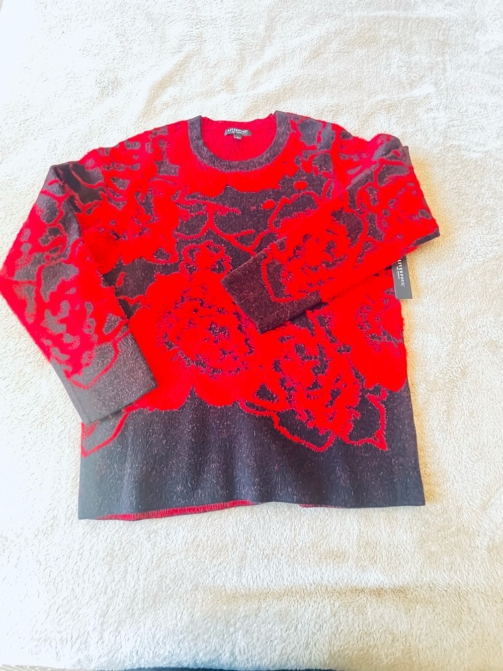 NWT Liverpool Red Black Floral Crewneck Sweater Long Sleeve Soft Vibrant Women - Picture 2 of 10